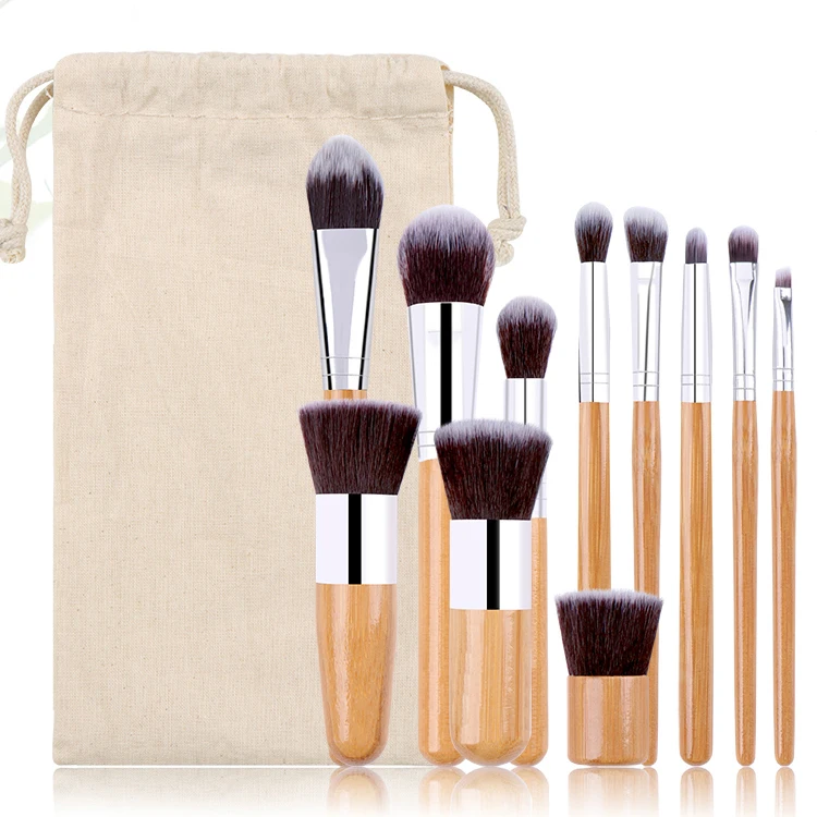 

11PCS Brochas De Maquillaje De Bambu Kabuki Brushes China Custom Logo Natural Bamboo Handle Makeup Brush Set With Bag