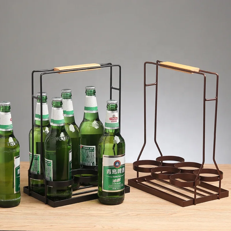

Simple Modern Wood Handle Metal Craft Wine Rack Beer Basket Wire Holder KTV Bar Hand Carrying 6 pack Beer Bottle