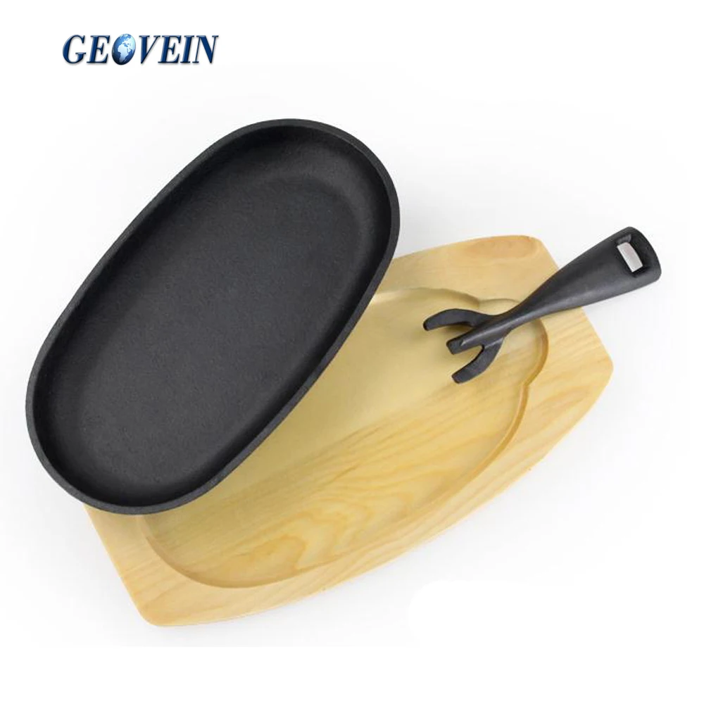 Cast Iron Sizzler Dish Wooden Tray Handle Kitchen Serving Hot Plate