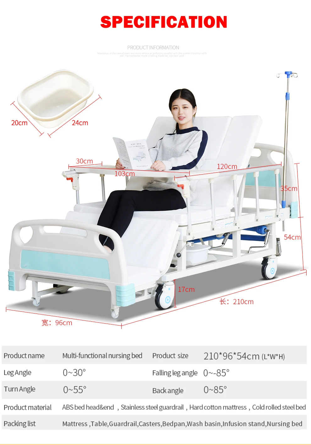 Multi Functional Patient Care Rolling Hospital Medical Bed With Potty