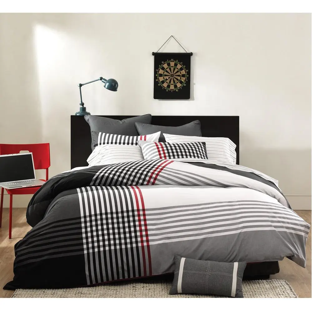 3 Piece White Black Red Grey Stripes Plaid Comforter Full Queen Set, Stylish Modern Striped Bedding Woven Nautical Checked Pattern Madras CrissCross Design, Cotton