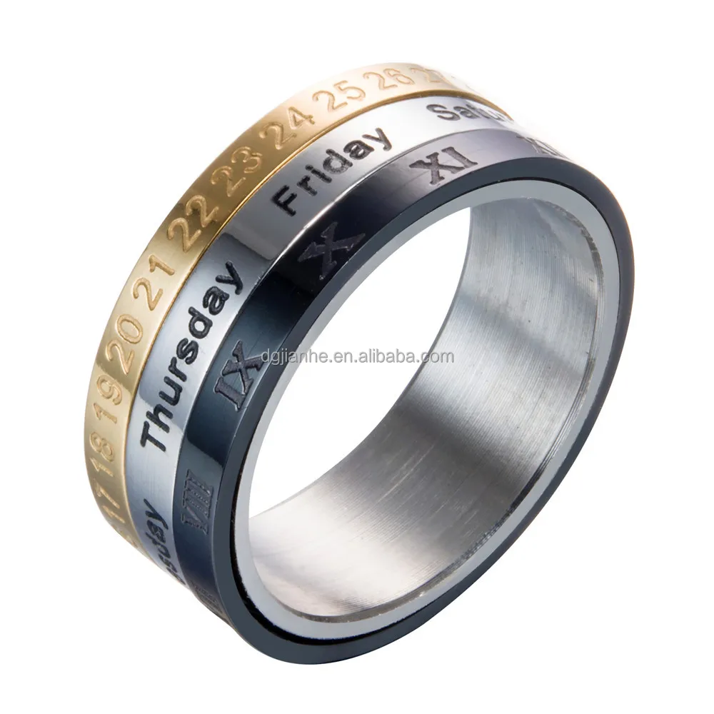 

Wedding gift engagement titanium steel 3 colors time calendar spinner rings