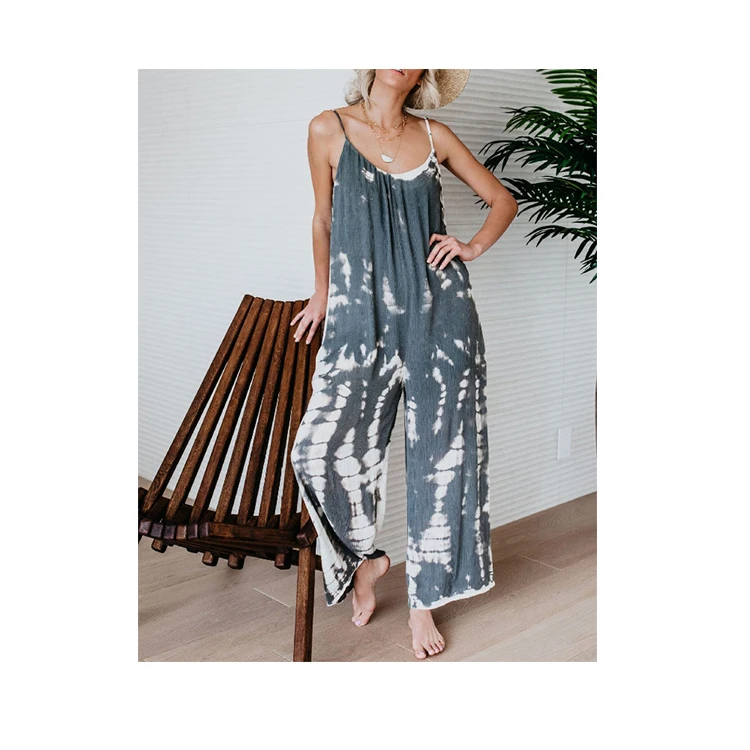 

Wholesale Pocketed Print Women Rompers Polyester Tie Dye Jumpsuit, As picture
