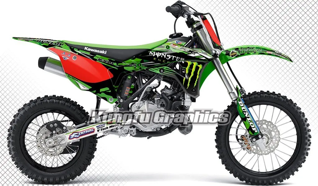 Green White Kungfu Graphics Custom Decal Kit for Kawasaki KX 85 KX 100 2014 2015 2016 2017 2018 2019