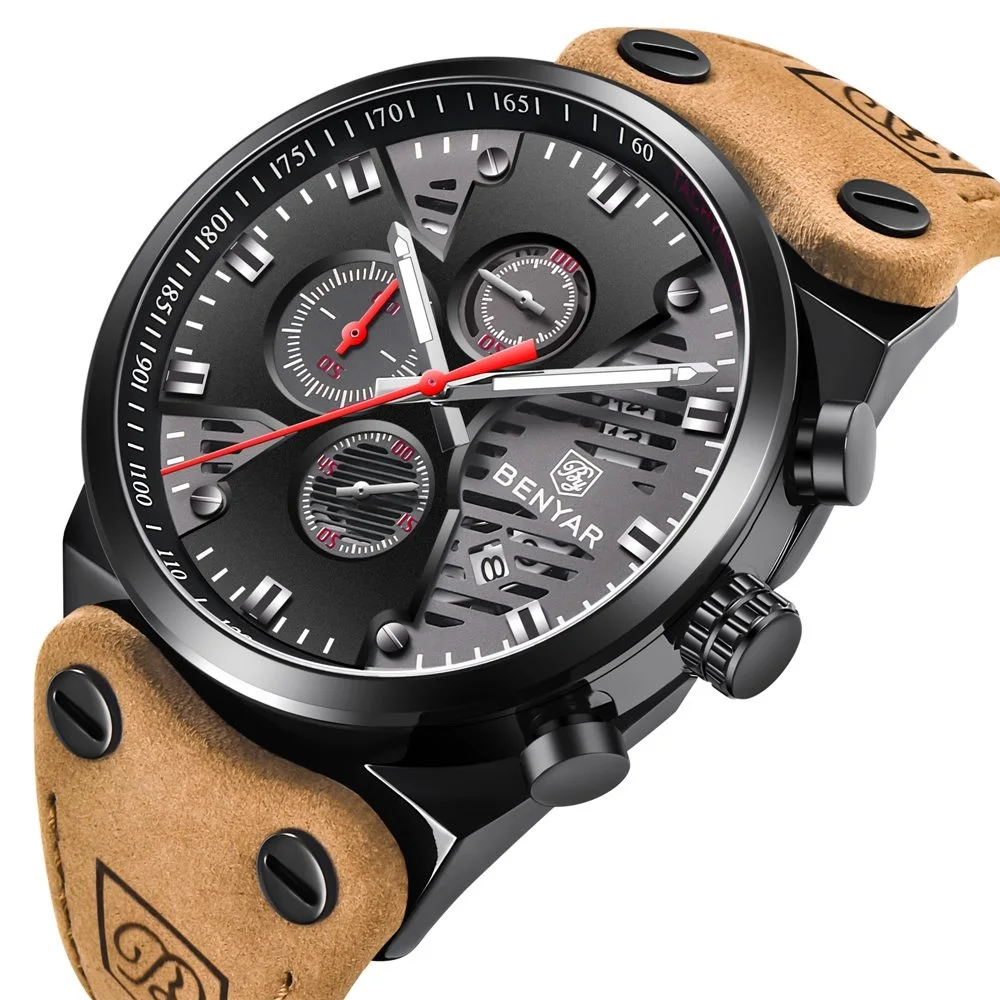 

BENYAR 5110 Watch Men Fashion Quartz Big Dial Military Sports Chronograph Leather Waterproof Watches Men Wrist Relogio Masculino, 11-color
