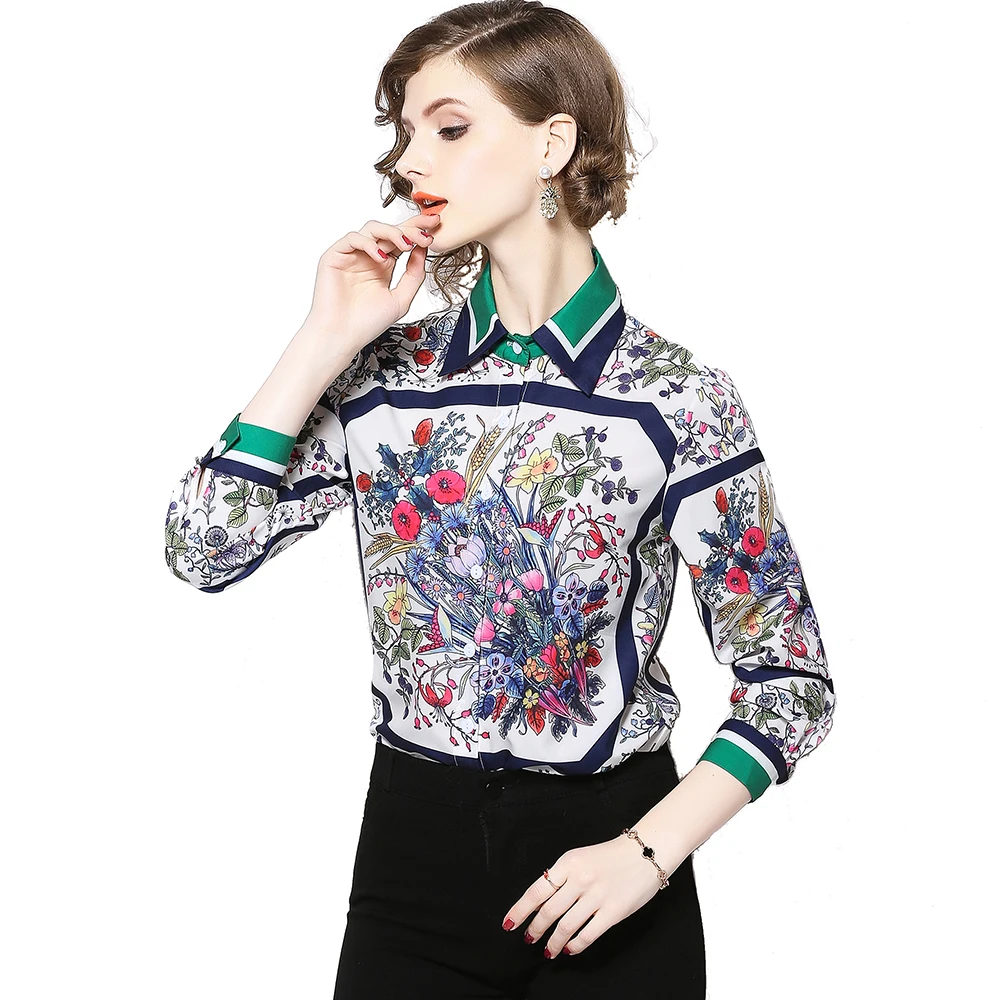

European and American Autumn Women Fashion Floral Print Long Sleeve Button Front Hot Sale Lady Shirt
