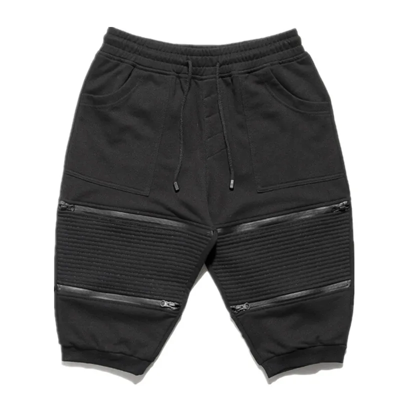Shunht Mens Fashion Slim Fit Biker Jeans Shorts Black Zipper Crinkle Stretch Denim Shorts