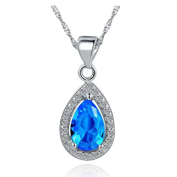 

Factory wholesale pendant necklace plating white gold Water droplets Sky blue zircon 18inch white gold Snake chain, Picture