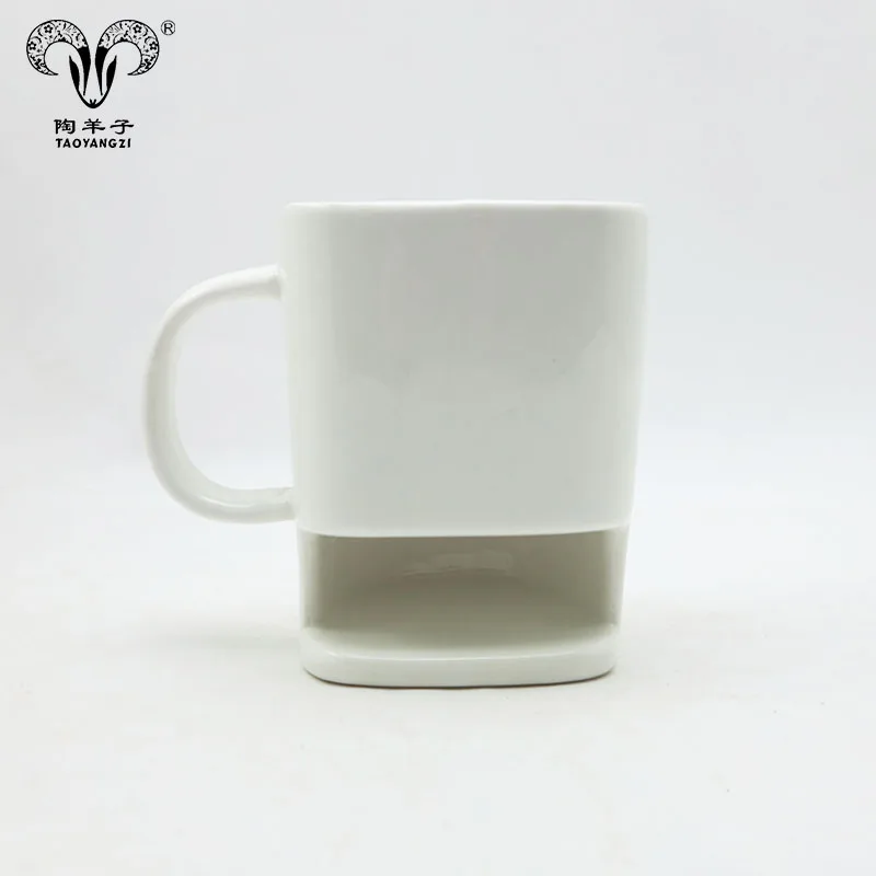 

Factory customized logo white blank ceramic coffee mug with cookie holder biscuit holder