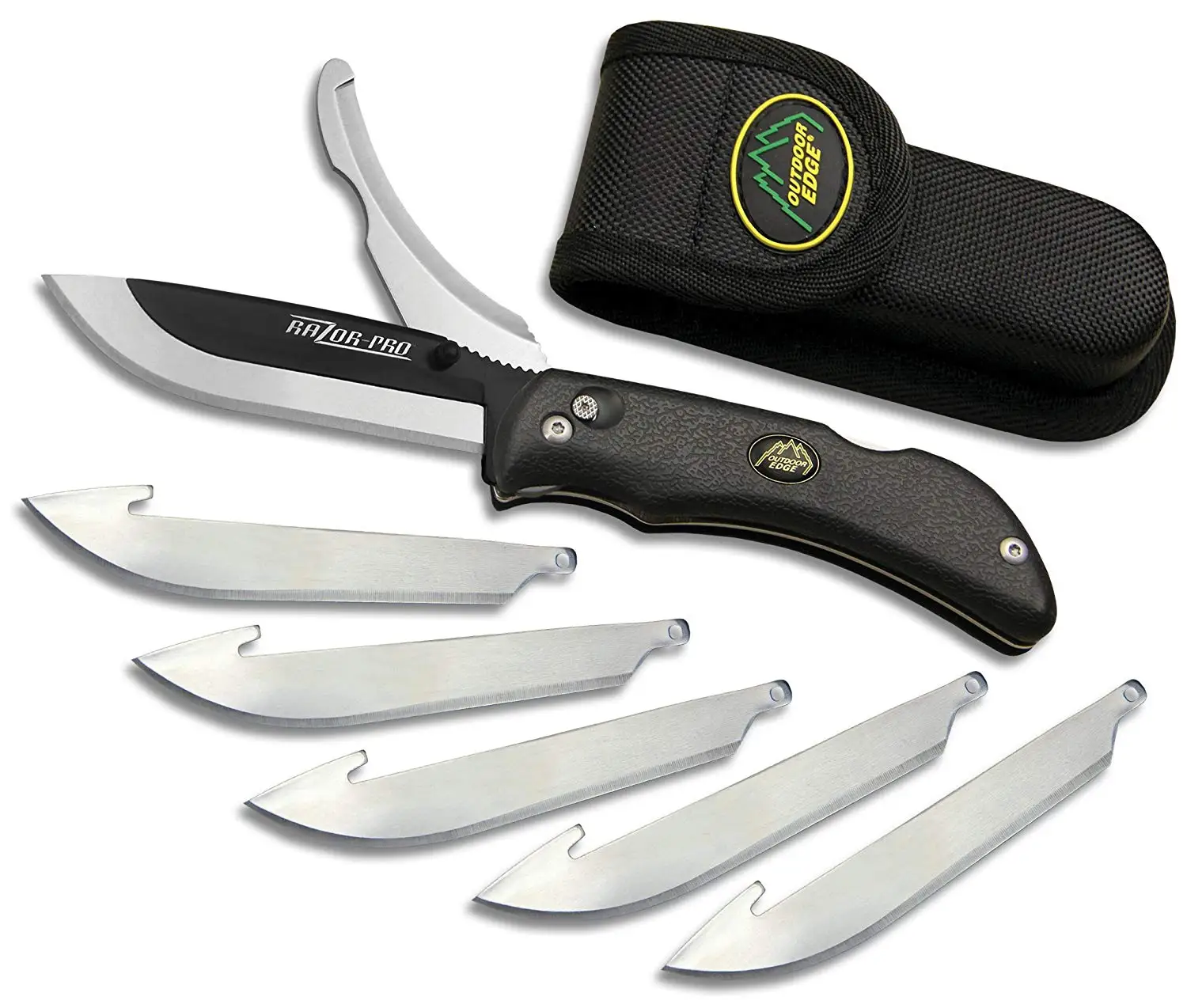 Outdoor Edge RazorPro, RO-10, Replaceable Razor Blade Hunting Knife with Gutting Tool, Black Handle with Nylon Sheath and 6 3.5 Inch Blades