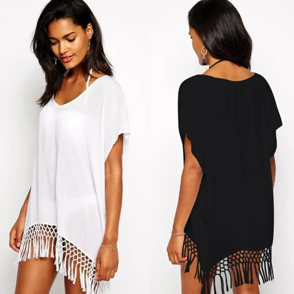 

New Short Sleeve Chiffon Tassel Loose Shirt Womens Beach Cover Up Sun Protection Clothing, As shown