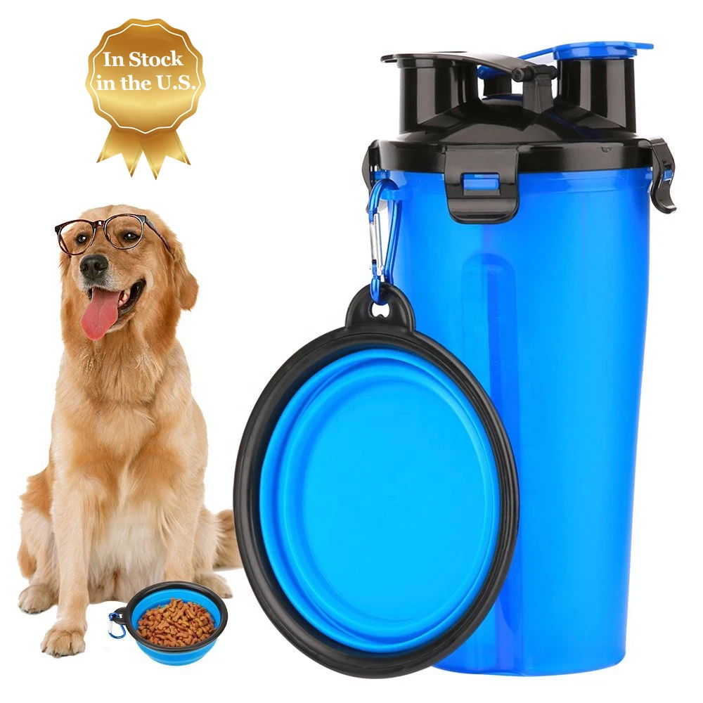 

2 in 1 Dog Drinking Water Bottle with Bowl Portable Pet Travel Outdoor Water Cup Food Container 250g Snack and 350ml, Blue/red/white/yellow