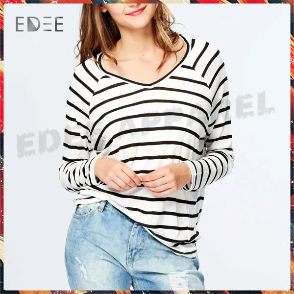 Women Long Sleeve Stripe Design Tshirt Loose Fit Cute Cut T for Women Wholesae Factory Price Women Big Size Tshirt