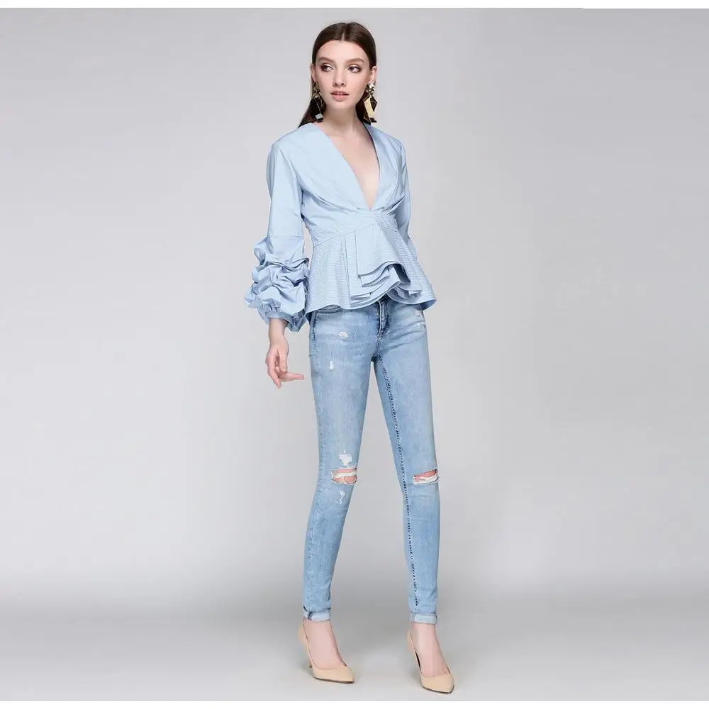 

Woman Shirt Casual Simple Design Deep V Neck Long Sleeve Ladies Blouse Modern Woman Blouse 2018