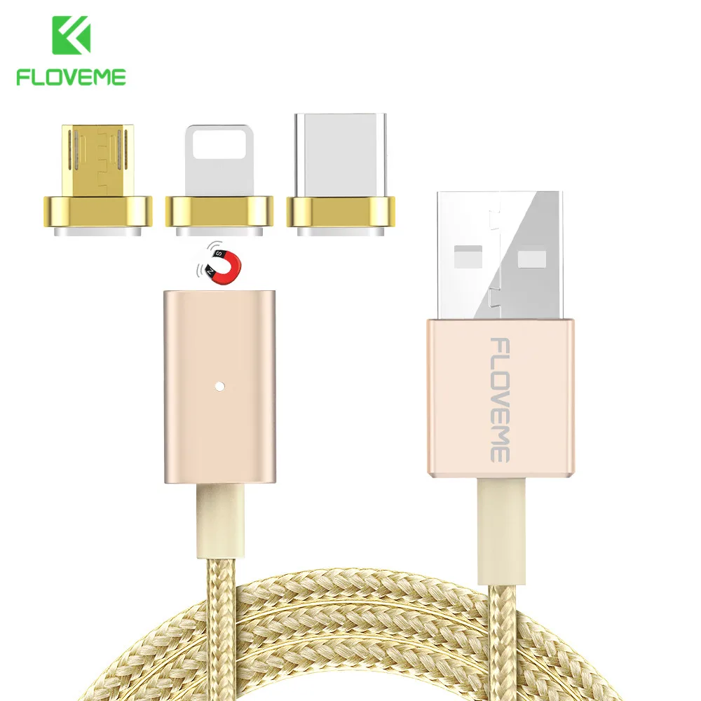 

FLOVEME 3 in 1 Magnetic Cable For iPhone USB +Type-C USB +Micro USB Cable Magnet Charger 1m 5V/2.4A Charging Mobile Phone, Golden/rose golden/gray/black