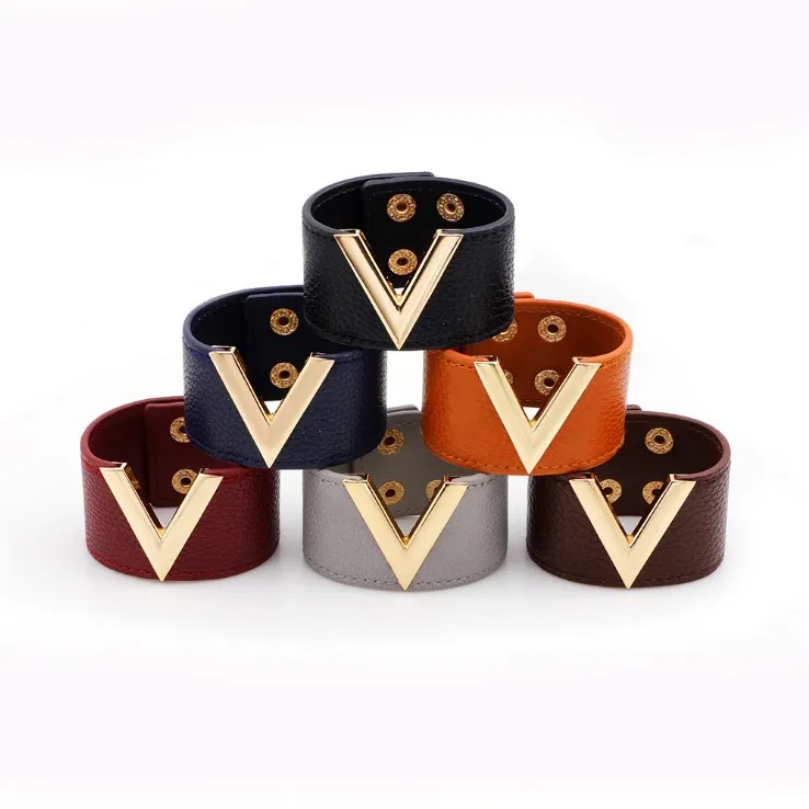 

New Hand Jewelry Big Leather Bracelet Simple All-Match OL V Word Wide Leather Bracelet For Women