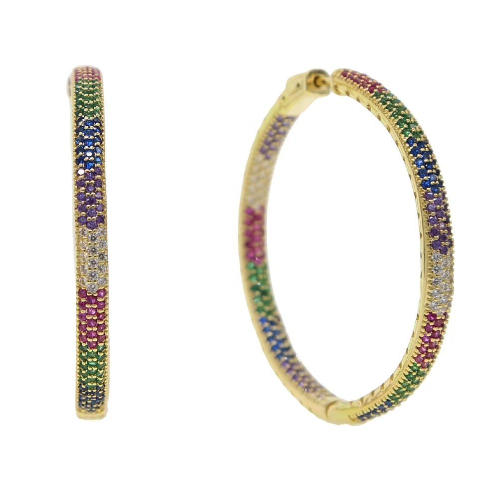 

50mm big huggie hoops gold plated rainbow cz women classp earring hoop, Picture