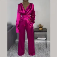 

2019 Hot Pink Silk Spring Autumn Elegant Women Long Sleeve Jumpsuit