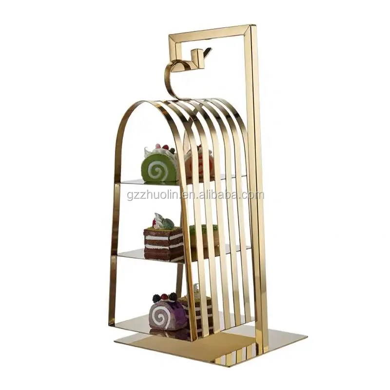 

Metal stainless steel wedding birdcage dessert display high tea bird cage geometric 3 tier gold restaurant serving cake stand, Rose gold/gold stainless steel available