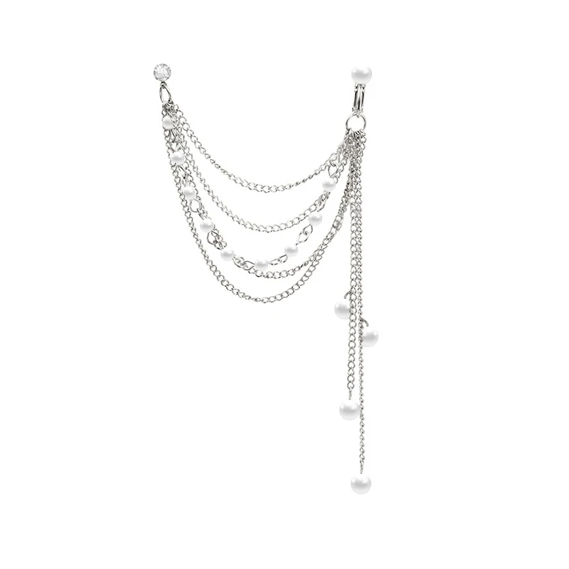 

New zircon pearl tassel chain ear clip earring for women