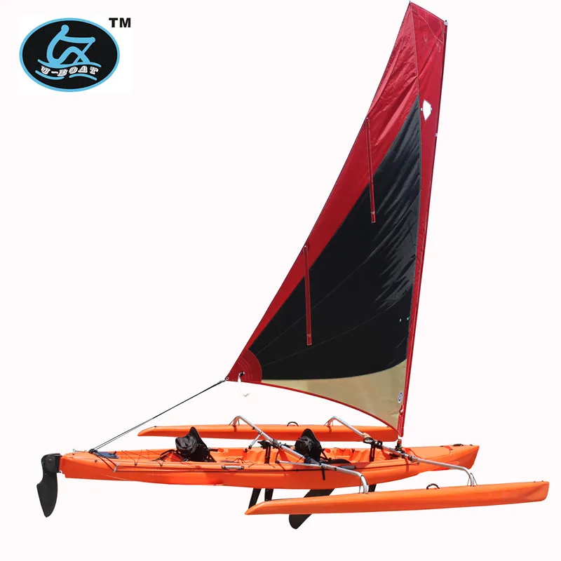 
18ft plastic trimaran sailing kayak with foot drive pedal system and rudder 