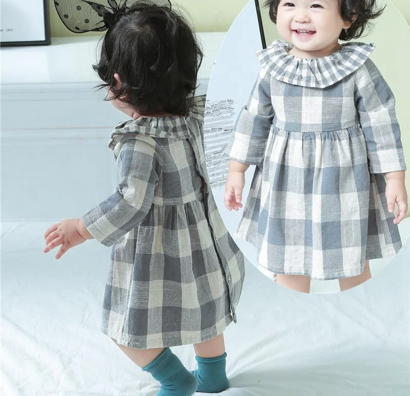 

2019 lotus leaf collar little girl plaid princess dress kids clothing baby girls piece dresses, Gray