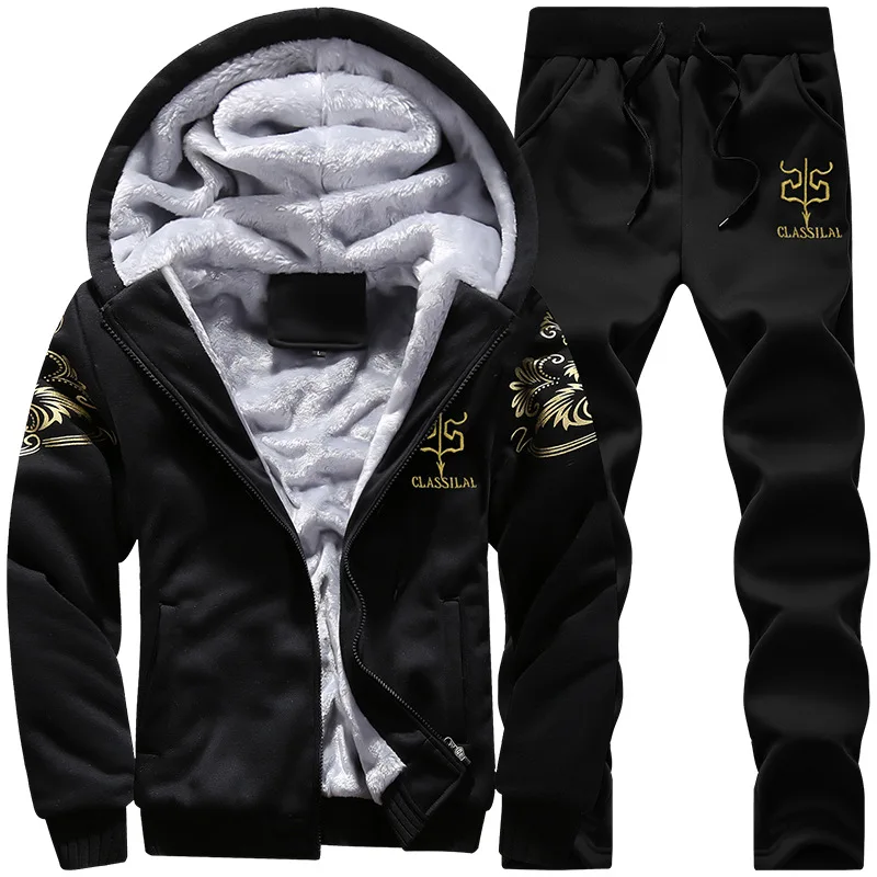 
Cheap OEM Wholesale High quality tracksuit Men Thicken Fleece 2 Piece Plain Hoodies Men Zipper Tracksuit Set 