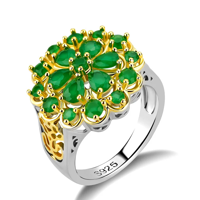 

Amazing 925 Solid Silver Gold Plating Two Tone Ring Emerald Gemstone Flower Ring Women Wedding Engagement