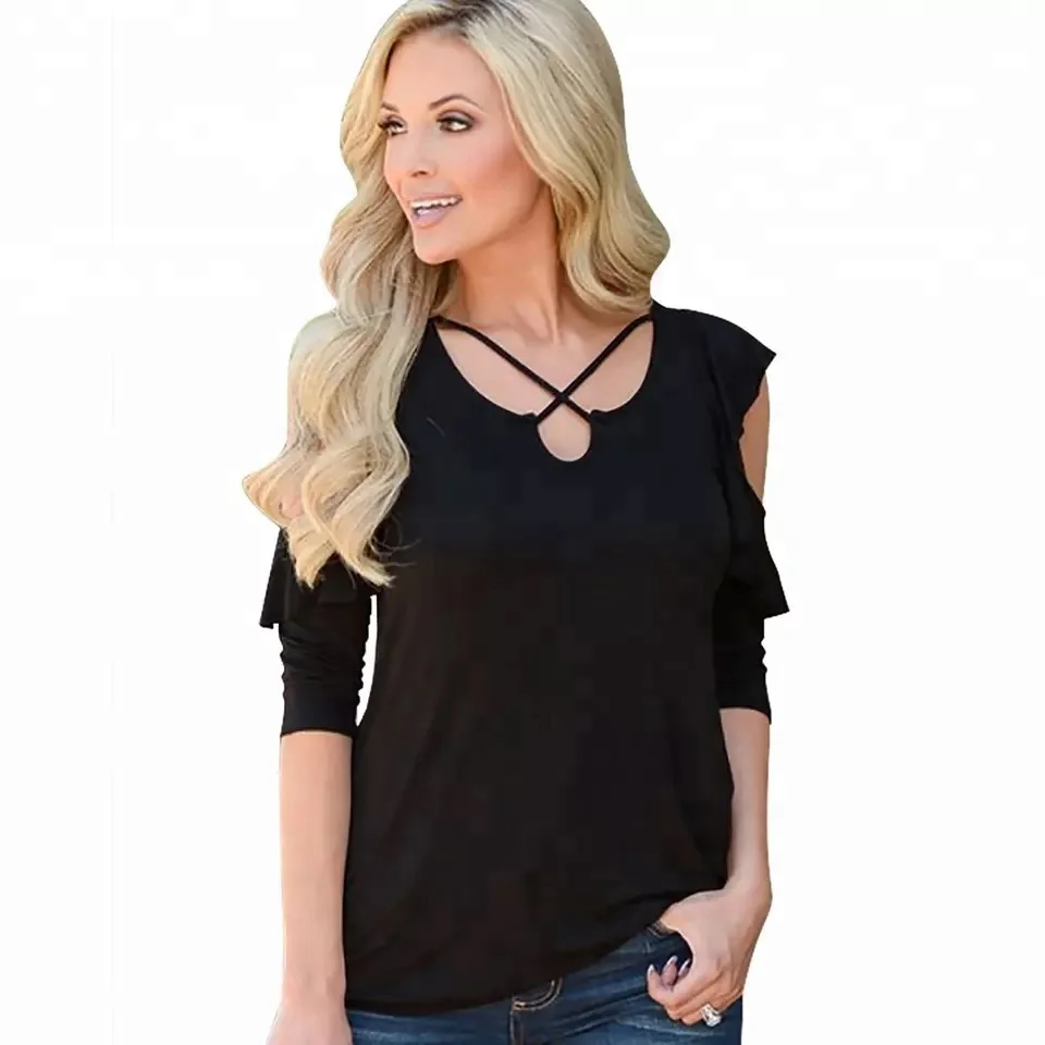 

C32 Cold shoulder cross top VITIANA Women Casual Tops Female 2018 Summer Black Half Sleeve Hollow Out Off Shoulder Tshirt, N/a