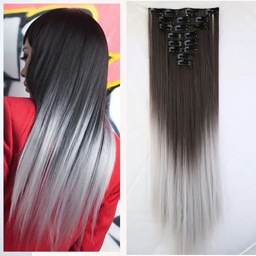 Buy Long Hairpiece Dark Brown To Silver Grey Ombre Color Straight