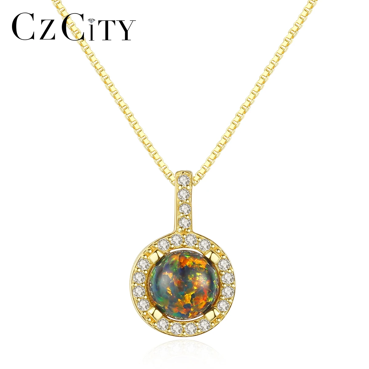 

CZCITY 925 Sterling Silver Necklace Silver Round Multicolor Cubic Zircon Fire Opal Pendant Necklace