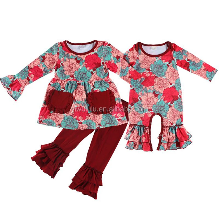 

Wholesale Toddler Boutique Fall Floral Printing Girls Fall Boutique Outfit With Pocket, Picture