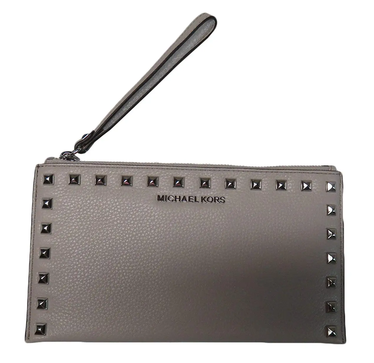 Micheal Kors Bedford Leather Studded Large Zip Clutch Wristlet Cement
