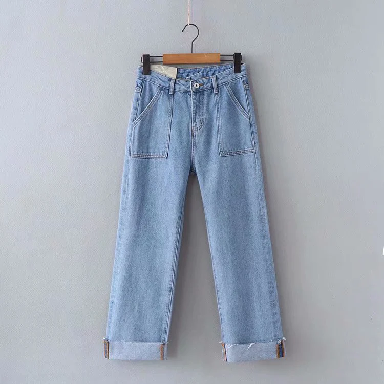 

Basic design casual loose high fashion blue color straight jeans women denim pants