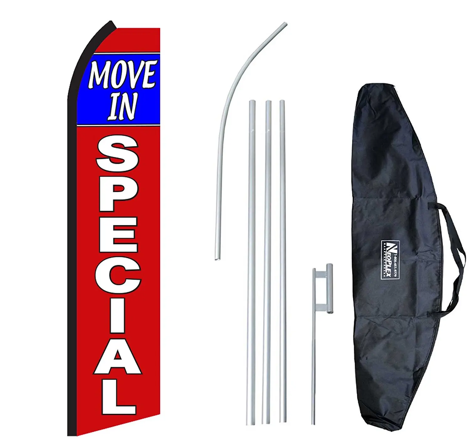 "Move In Special" 12-foot Swooper Feather Flag and Case Complete Set...includes 12-foot Flag, 15-foot Pole, Ground Spike, and Carrying/Storage Case