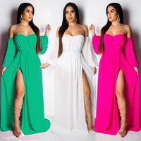 

Casual Women's Clothing Off Shoulder Short Sleeve White High Cut Beach Causal Dress Crop Long Chiffon Dress