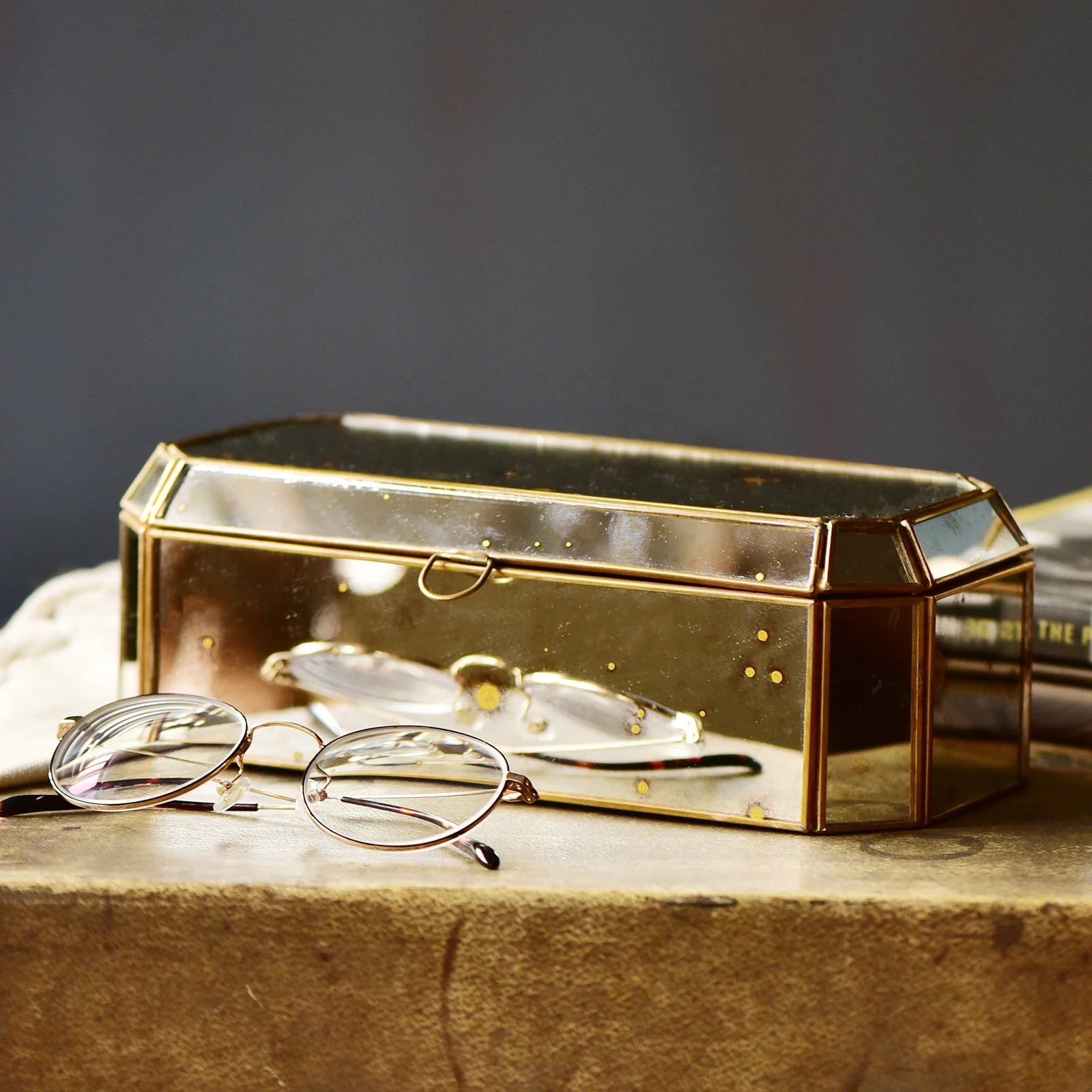 Bixuan Jewelry Boxes Translucent Mirrored Glass Distressed Gold Speckles Brass Frames Trinket Holder Keepsake Storage Organizer