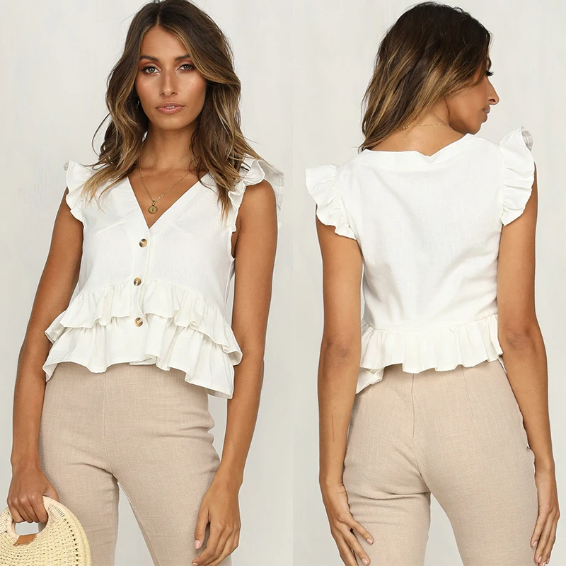 

Wholesale Clothing White 100% Cotton V Neck Lady Top, White or customize