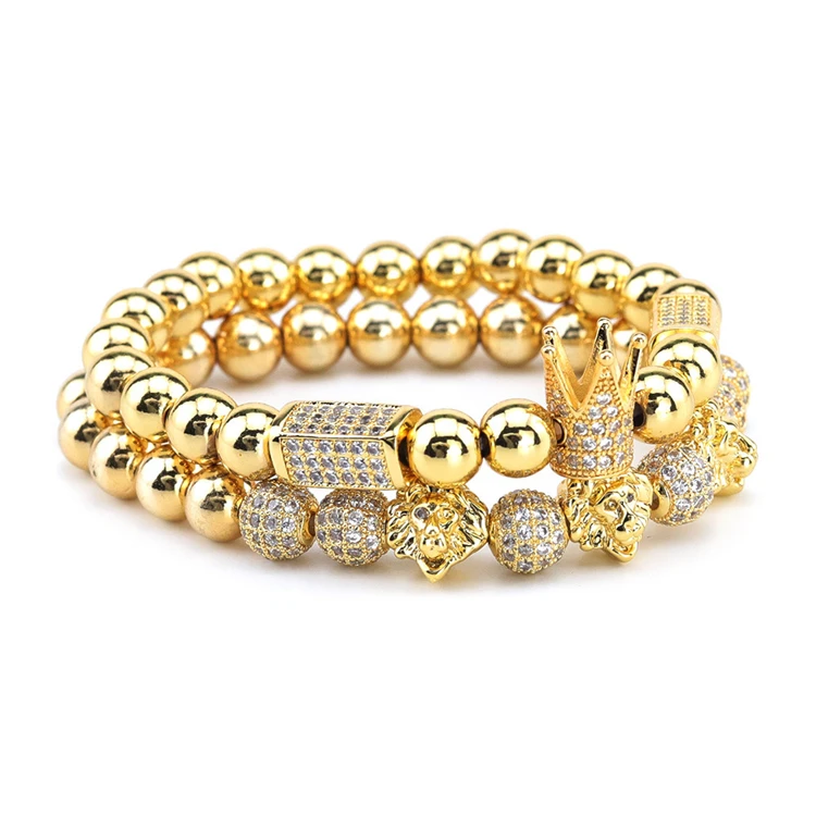 

4 Colors Available Elastic 2Pcs/Set 8mm Real Gold Plated Copper Bead Crown Bracelet Micro Pave CZ Lion Head Bracelet Set, Silver;gold;black;rose gold