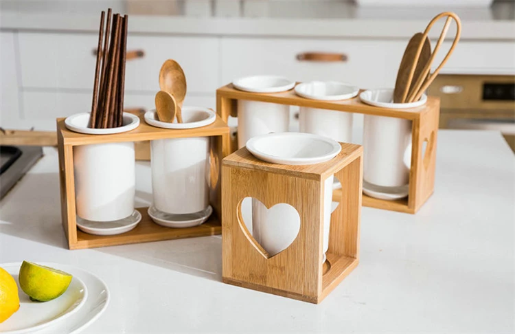 Modern design restaurant used 3 piece ceramic chopstick holder with wooden stand