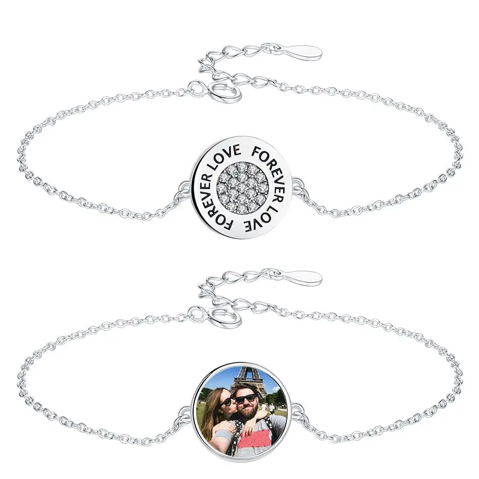 

925 Sterling Silver Bracelets Personal Custom Picture Heart Pendant with Clear CZ Bracelet For Women Wedding Jewelry