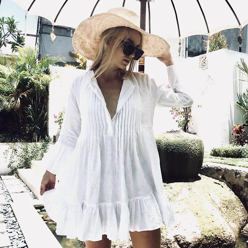 

Hot Sale White Linen Smock Front Beach Cover Up Dress Summer, N/a