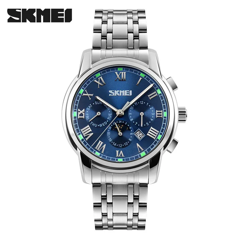 

SKMEI 9121 Men Fashion & Luxury Stainless Steel Band Business Calendar Analog Waterproof Quartz Wrist Watches