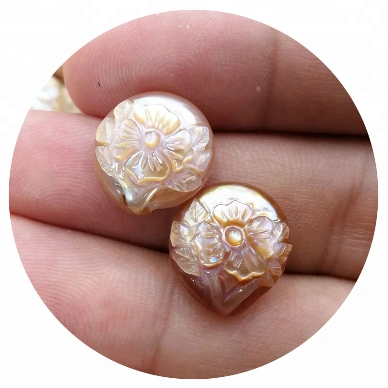 

Natural double flat carved flower button mother of pearl freshwater loose pearls beads wholesale, White, pink, lavender