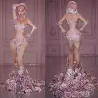 

A3163 Celebrity Women Club Asymmetric Sexy See Through Lace Maxi 3d Print Hand Make Flora Diamond Elegant Performance Costumes