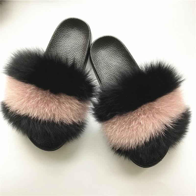 

Wholesale Colorful Fox Fur Sandals Slippers PVC Unisex Real Fur Slippers Slides Customize, Picture