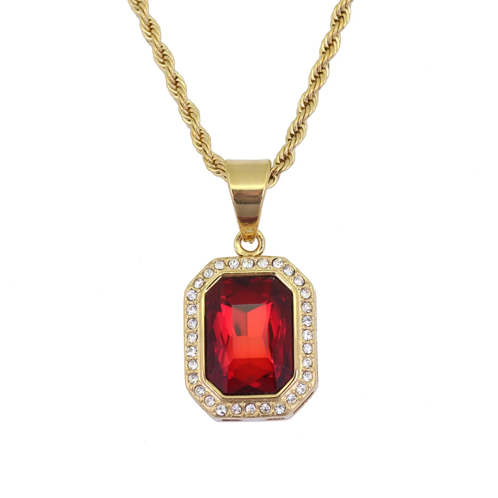 5 colors Stainless Steel Jewelry hip hop ruby Pendant Necklace with 3mm 24inch Rope Chain SN123