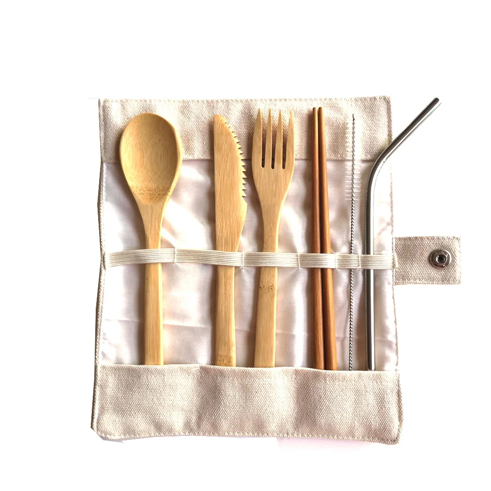 

Bamboo cutlery set knife fork spoon with bag restaurant home travel