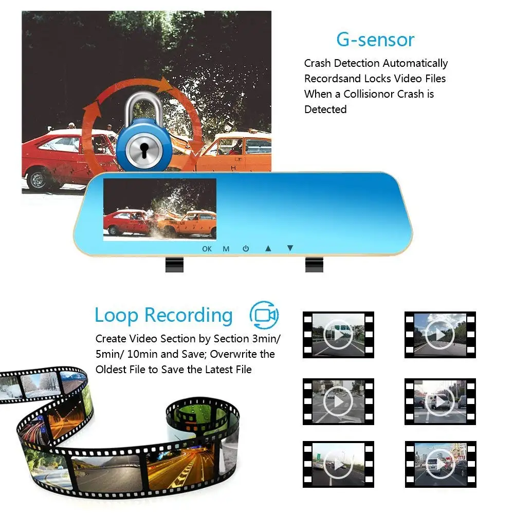 
1080P HD Car Video Recorder Mirror Dash Cam Rearview Mirror Cam with Front and Back Camera 