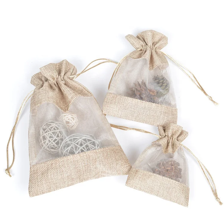 Window Clear Gift Candy Bag Hessian Burlap Drawstring Pouch Jewelry Packaging Bags Wedding Party Decoration Jute Gift Bag